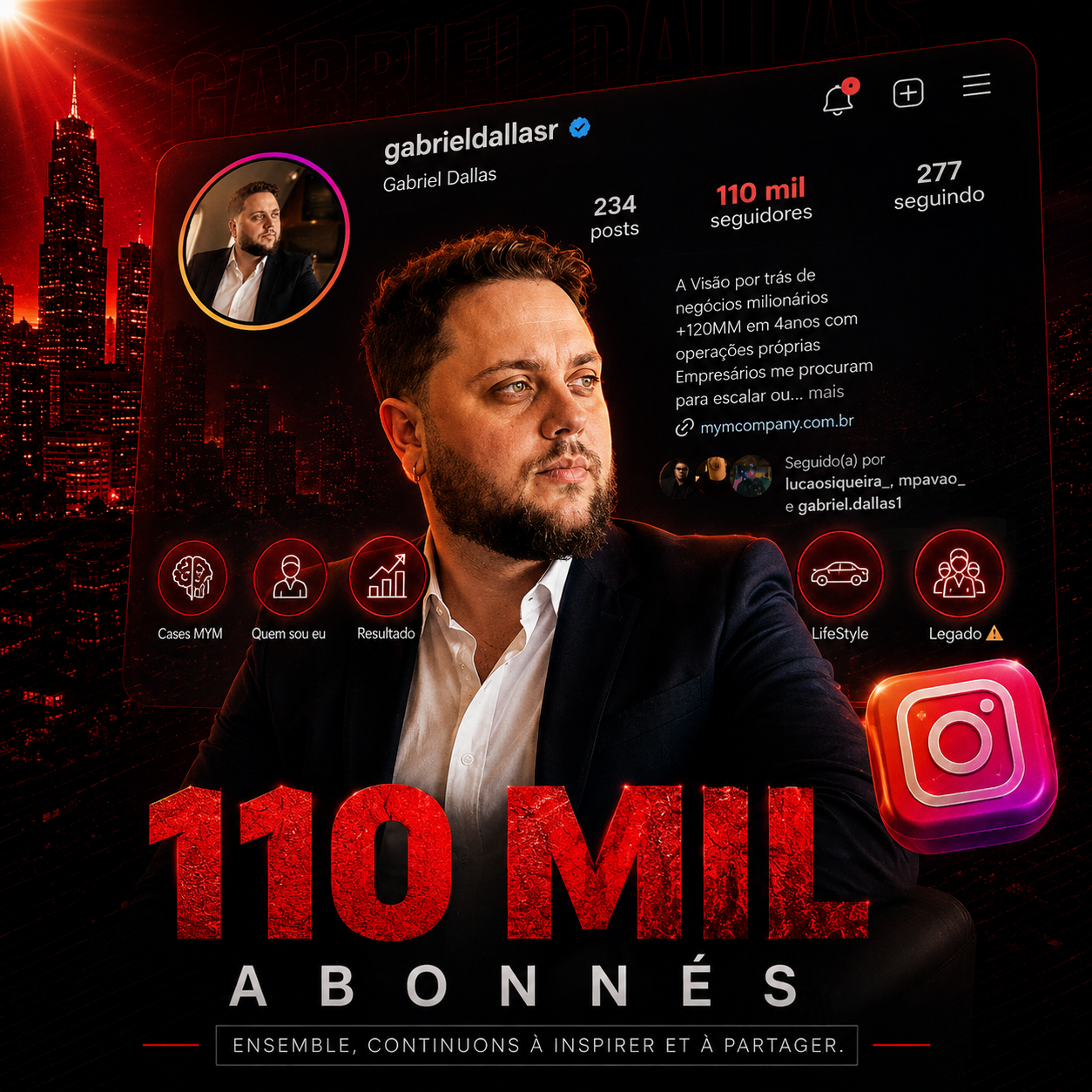 Visuel réseaux sociaux créé pour Gabriel Dallas, 110 mille abonnés