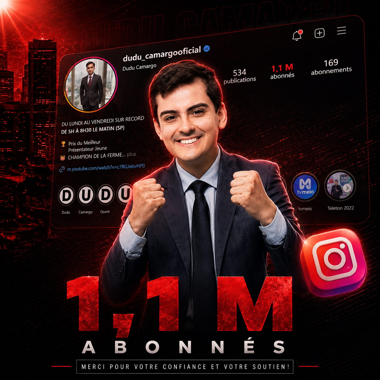 Visuel réseaux sociaux créé pour Dudu Camargo, 1,1 million d'abonnés